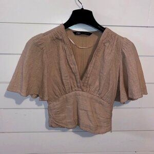 Zara Cotton Crop Top – XS, Cream/Tan, Side Zipper, Ruffle Sleeves